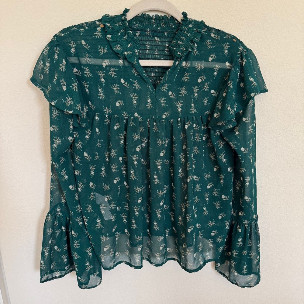 Zara | Emerald Green Floral Sheer Ruffle Smocked Boho Blouse Top | Size XS